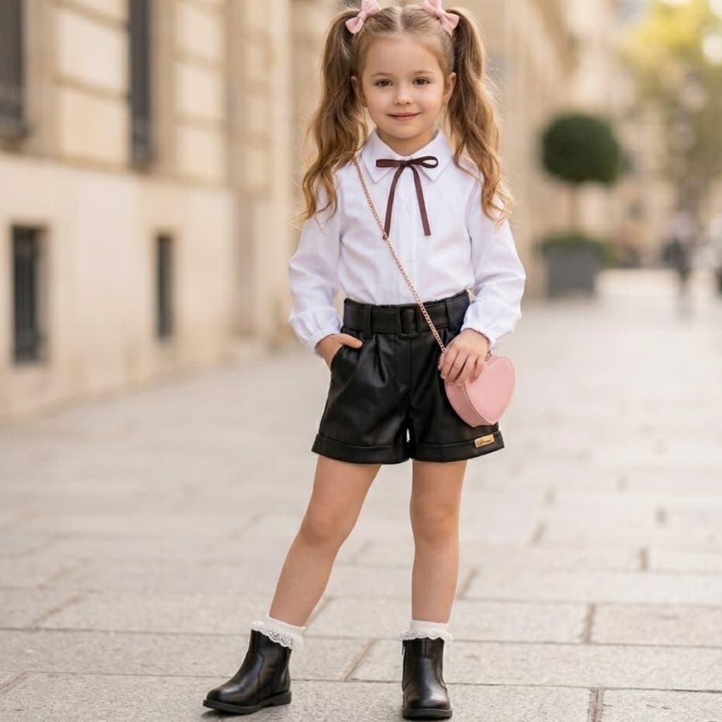 Conjunto Infantil Short couro fake e Camisa social  Para Meninas Estilosa inverno  Social luxo moda