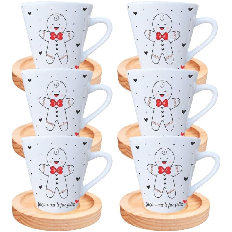 Jogo 6 xícaras Porcelana Branca Pires Madeira 120ml Café  expresso Chá motivacional