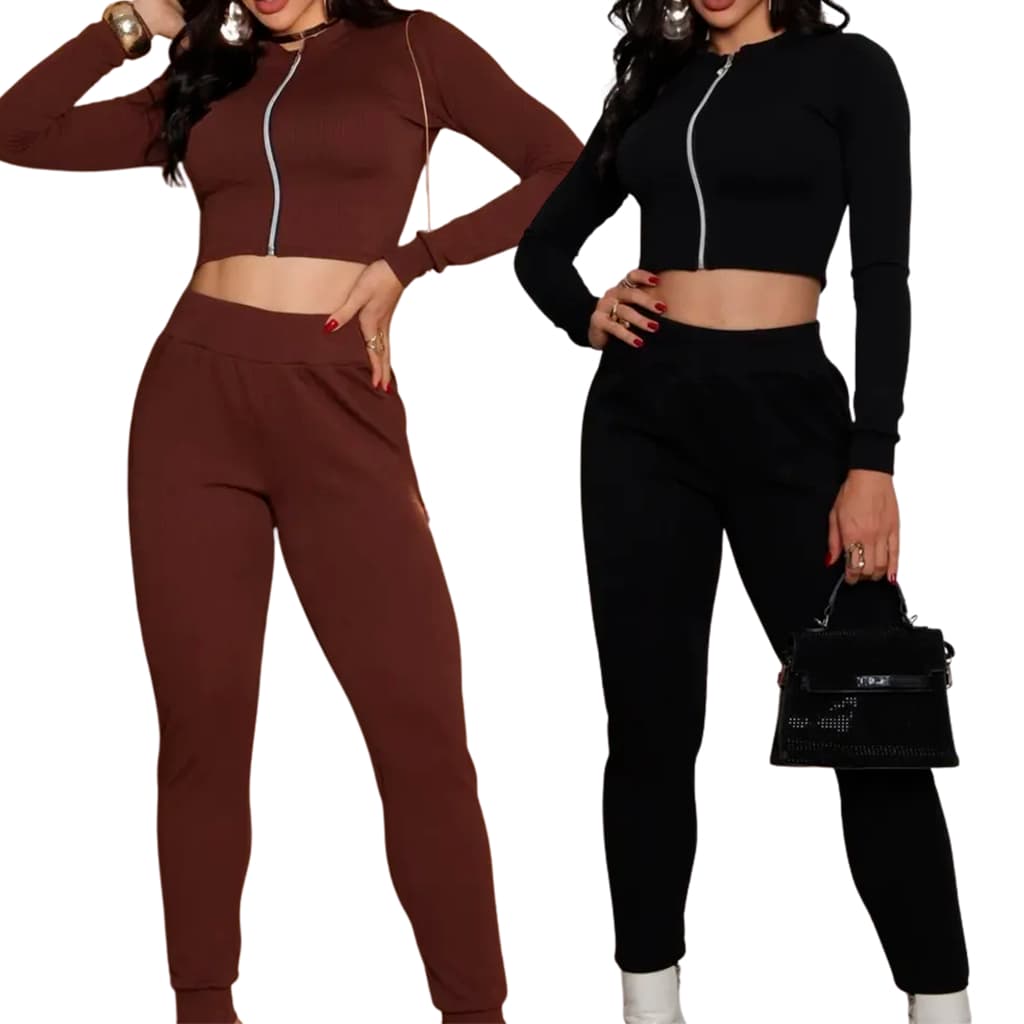 Conjunto Feminino Cropped Manga Longa com Zíper + Calça Ajustada Cintura Alta – Tecido Confortável