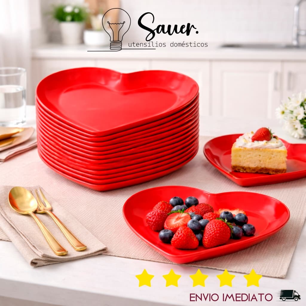 Kit 10 Pratos Coração Vermelho 25,5cm Plástico PP Refeição Sobremesa Decoração