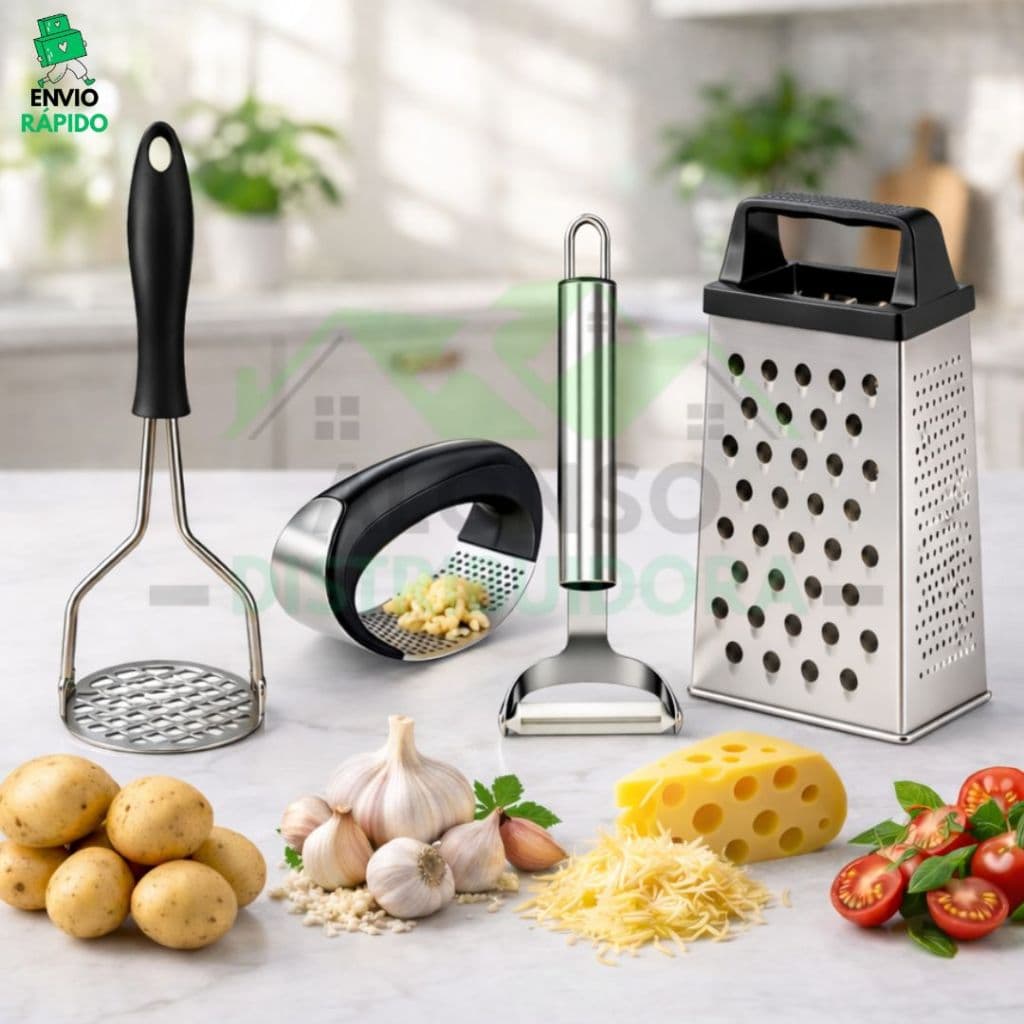 Kit Utensílios Ralador 4 Faces Amassador Batata Descascador de Legumes Amassador Alho em Aço Inox
