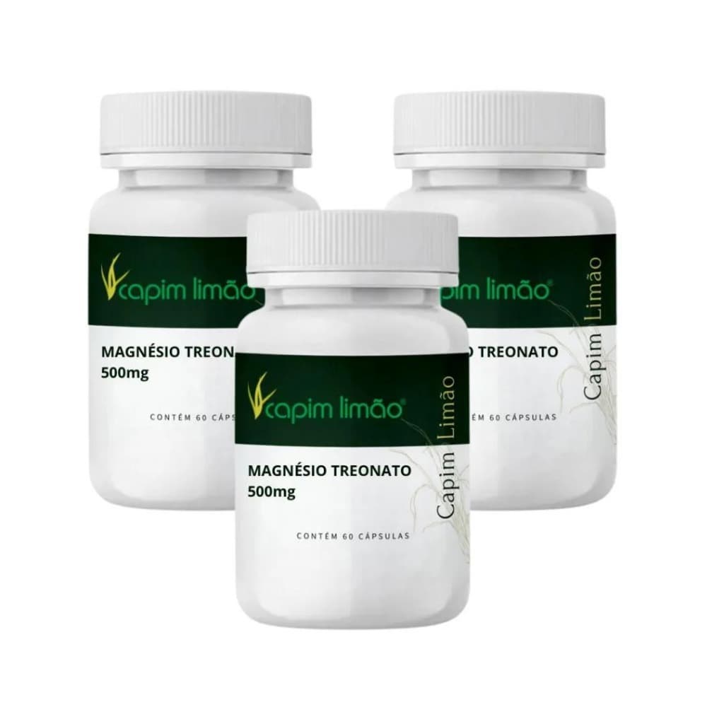 Magnésio L Treonato 500mg  3 potes 60caps Capim Limão