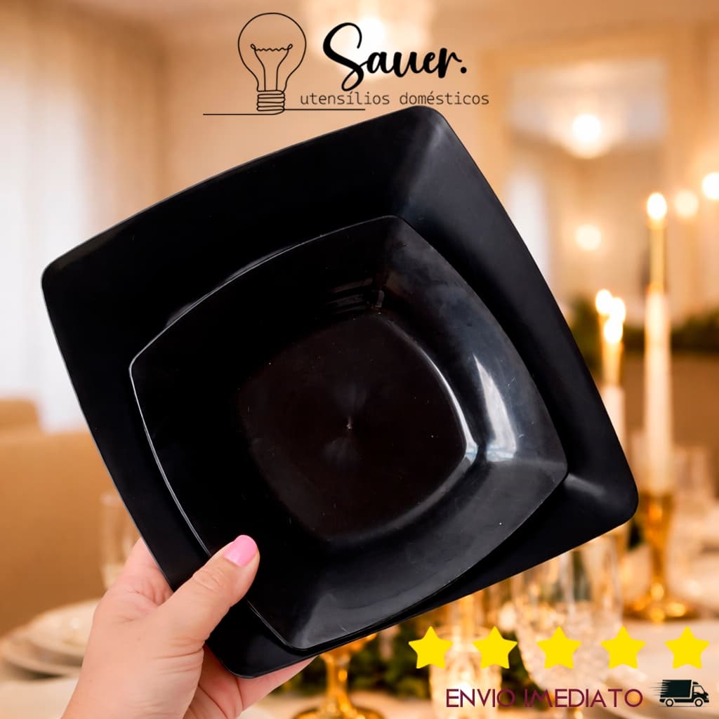 Kit 20 Pratos Quadrados de Plástico Reforçado – 10 Refeição + 10 Sobremesa, Duráveis e Elegantes