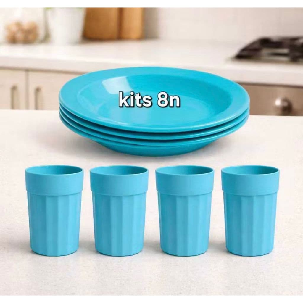 4 Copos + 4 Pratos Plástico Resistente | Ideal para Viagem, Camping e Refeição | Cores Azul, Rosa e Preto