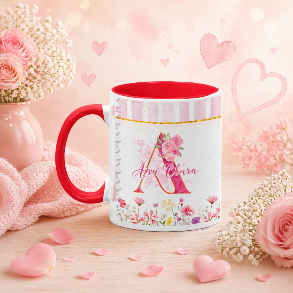 Caneca alfabeto flores fofas presentes personalizado dia das mães, presente, ideias de presente