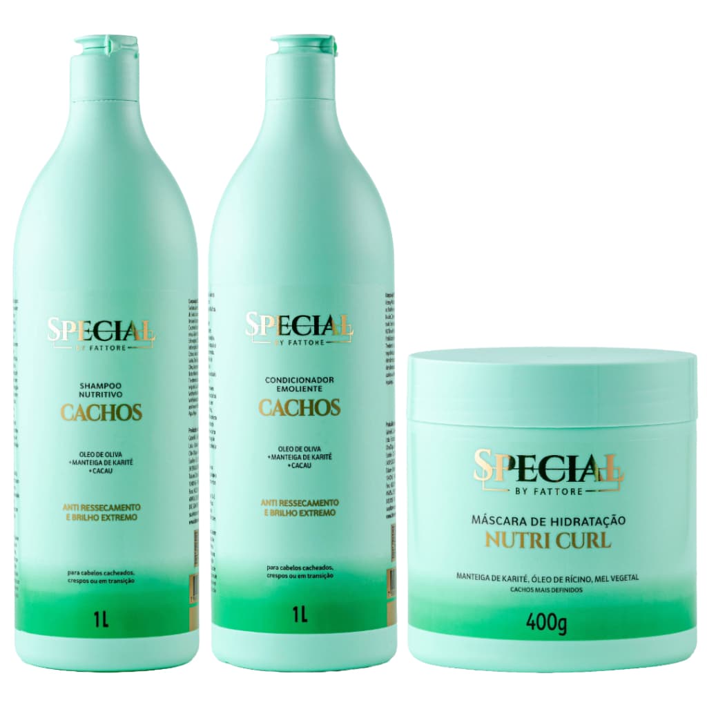 Kit Shampoo e Condicionador 1L + Máscara 400g Cachos com Nutrição Profunda Fattore Special