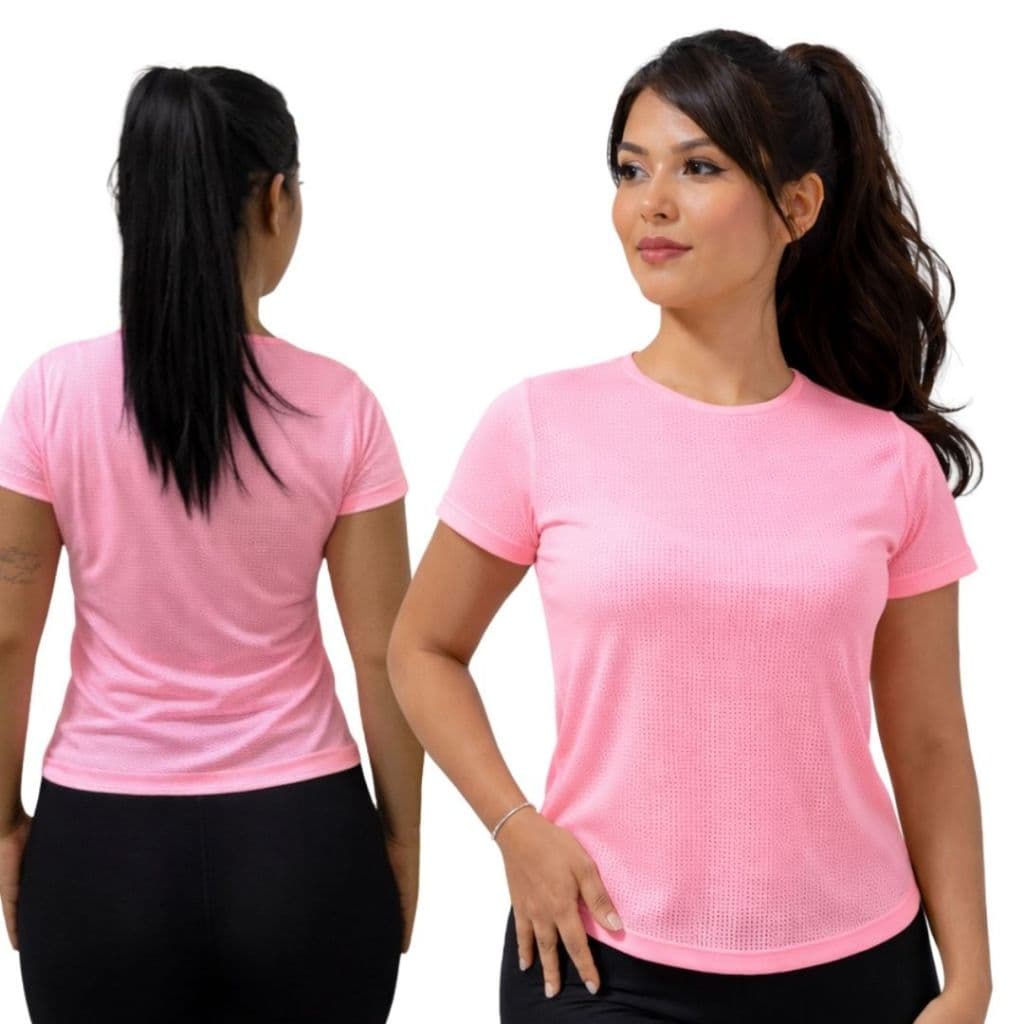 Blusa feminina manga curta dry fit promoção poliamida esportiva respirável leve treino academia corrida fitness