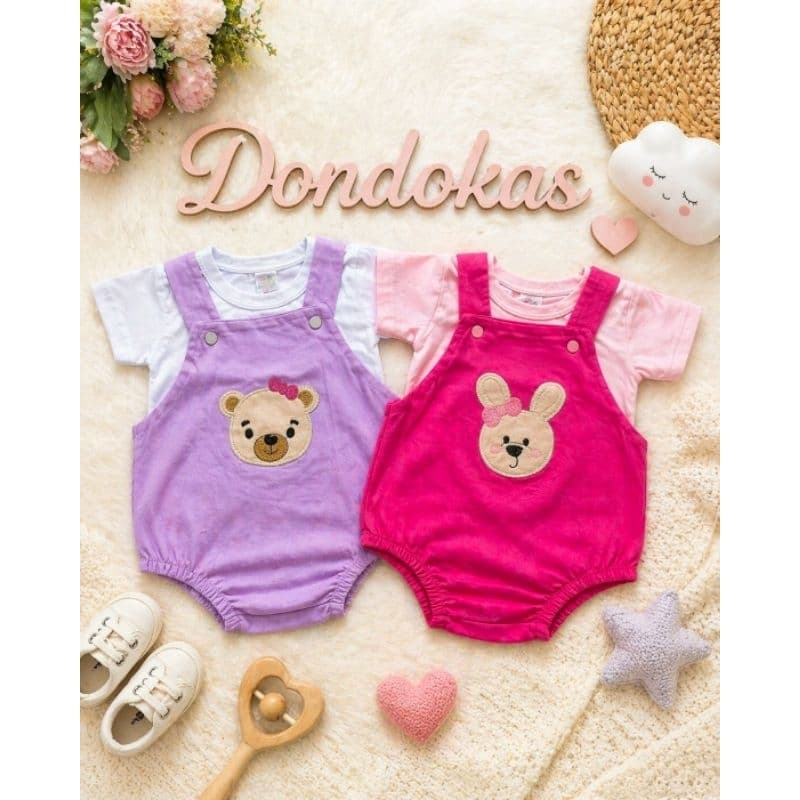 Jardineira Romper Bebê Menina com Blusa Bordada Malha 100% Algodão Macaquinho Infantil RN a 4 Meses