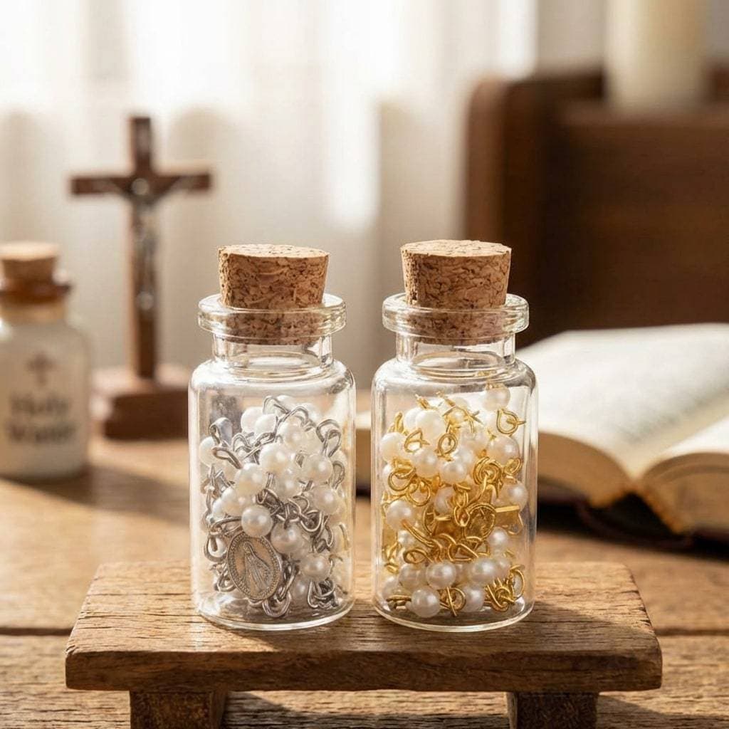Kit 12 Terço Em Frasquinho De Vidro Para Lembrancinha Comunhão Católica