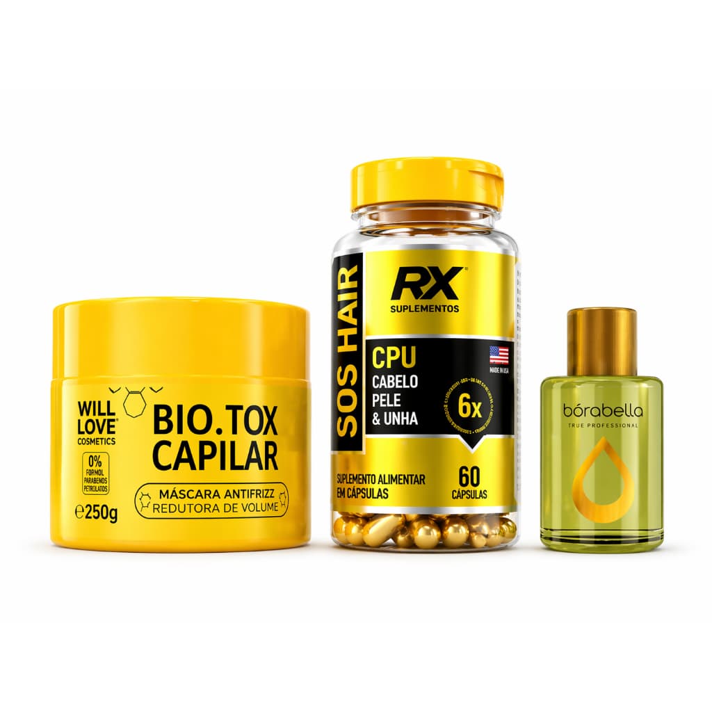 KIT CAPILAR PROFISSIONAL WILL LOVE + SOS HAIR CPU 60 CAPSULAS + OLEO BORABELLA 7ML