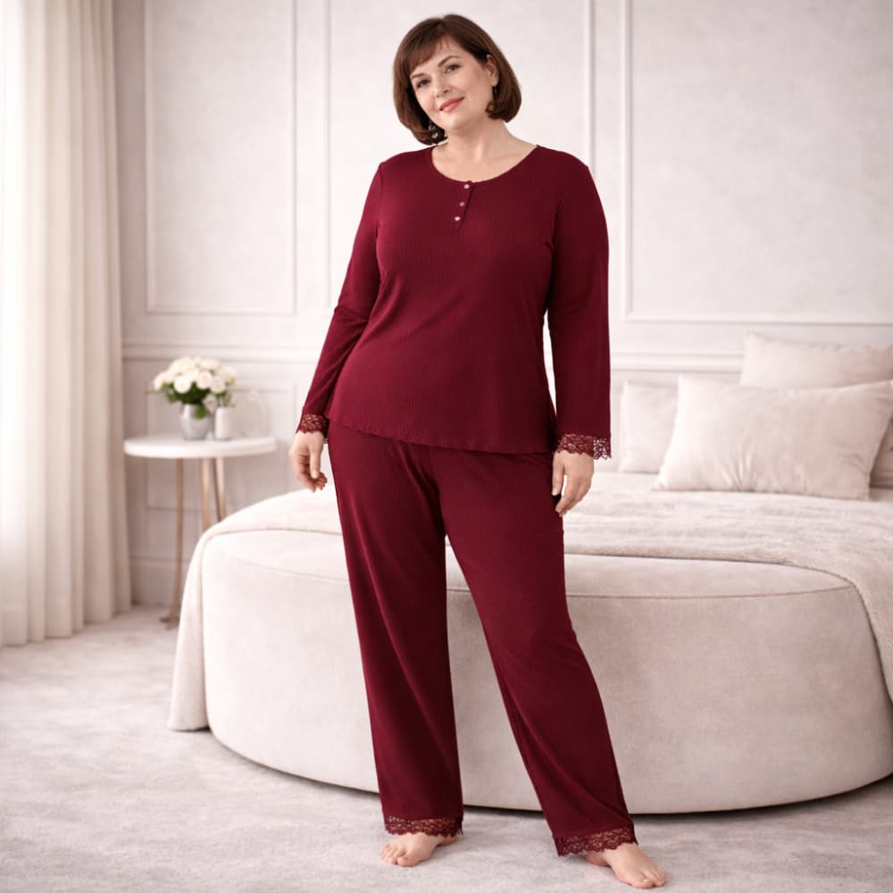 Pijama Feminino Plus Size Longo de Inverno Canelado com Renda Macio Confortável Elegante