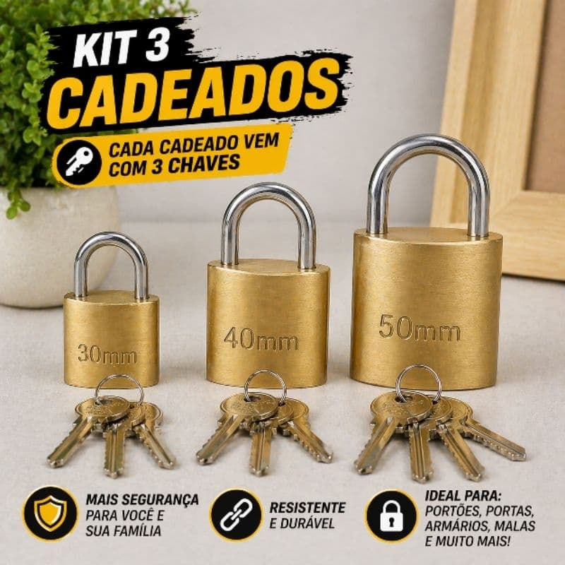 Kit 3 Cadeados Reforçados 30mm 40mm 50mm Com Chaves Segurança Casa Portão Armário