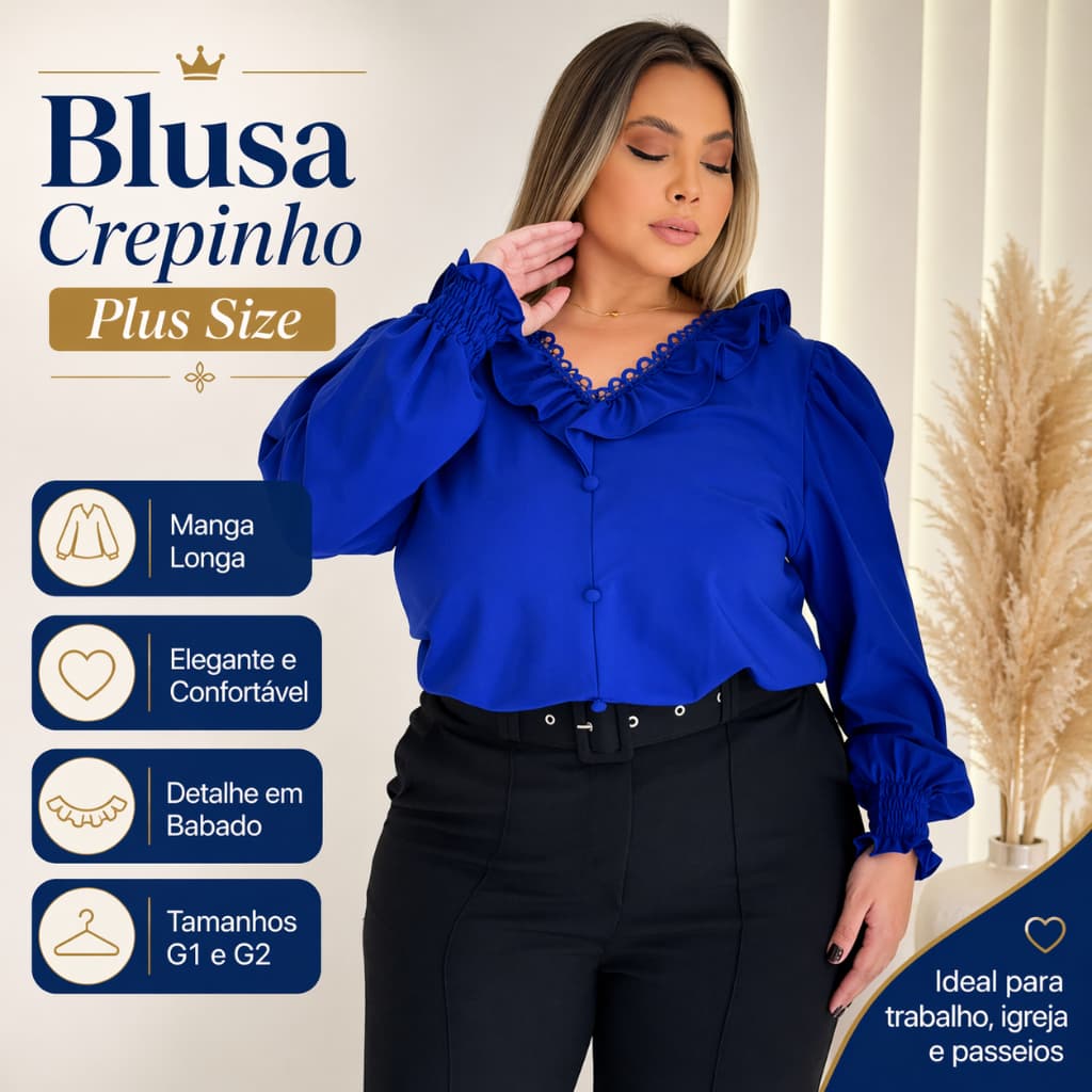 Blusa Feminina Plus Size Crepinho Manga Longa Social Elegante G1 G2 Envio Imediato