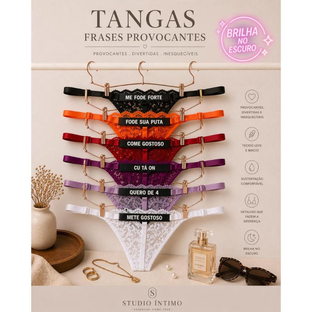 Kit 3 Tanga Fio Dental Renda com Frases Provocantes Brilha no Escuro Reguláveis Cores Variadas