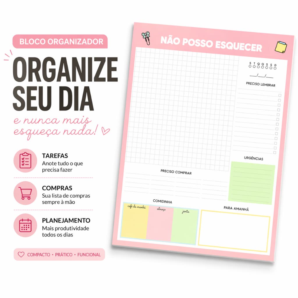 Bloco De Anotações Destacável (Não Posso Esquecer). Papelaria Bloco De Notas Planner Agenda 2024