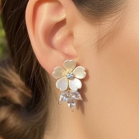 Brinco Feminino Dourado Flor Com Cristal e Zircônias Banhado a Ouro 18k Semi Joias
