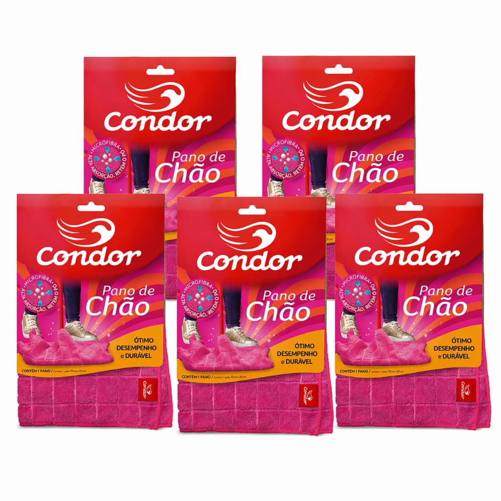 Pano De Chão Microfibra Condor Rosa Grande 50x70cm Kit 5 Unidades Alta Absorção e  Não Solta Fiapos