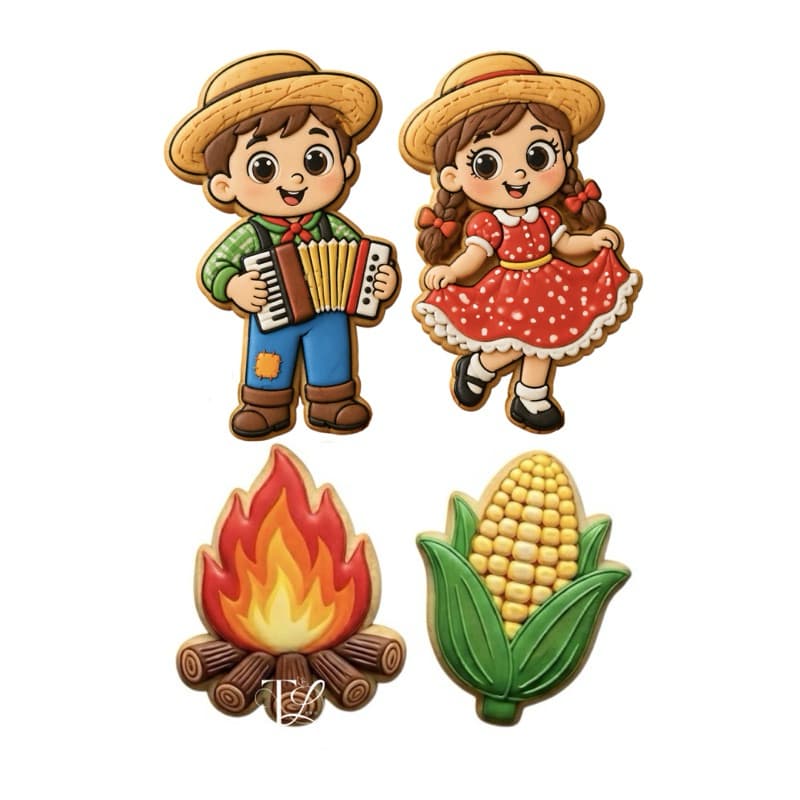 Cortador e Carimbo de Biscoito Festa Junina de 8cm, 4 peças Artigo de Confeitaria Capirinha, Fogueira, Milho