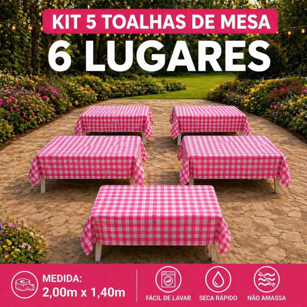 Kit 5 Toalhas de Mesa Xadrez Retangular 6 Lugares Tecido Oxford Resistente para Eventos Festa Junina