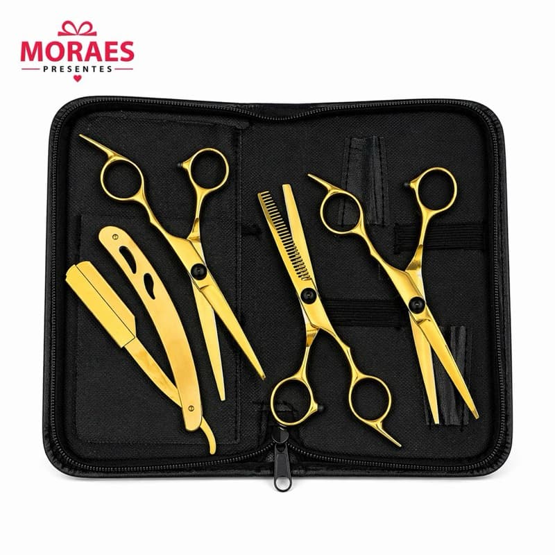 Kit tesouras 6” aço 440 com estojo, fio laser, curva e desfiadeira. Ideal para cortes precisos e profissionais.
