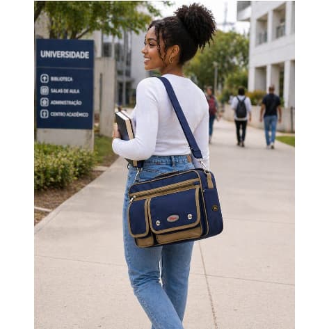 Bolsa Pasta Grande Azul 38x28x18 cm – Lona Reforçada com Múltiplos Bolsos 02063