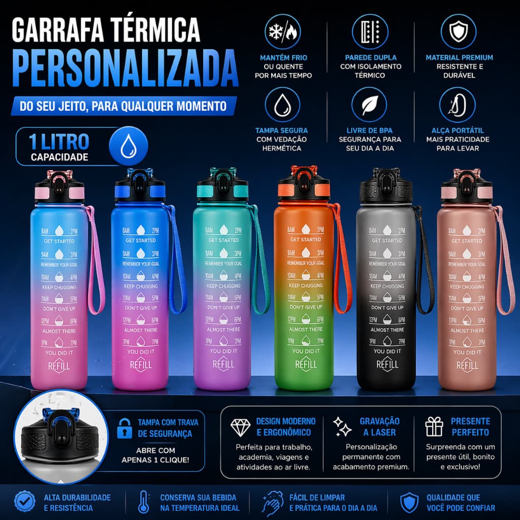 Garrafa de Água Motivacional 1 Litro Preta com Horário Frases Tampa Trava Academia