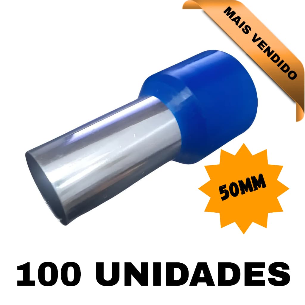 Kit 100 Terminal Pré Isolado Tubular ilhós 50mm Azul
