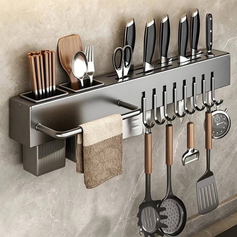 Suporte Porta Utensílios de Cozinha de Parede em Inox com Ganchos, Porta Facas e Organizador de Talheres