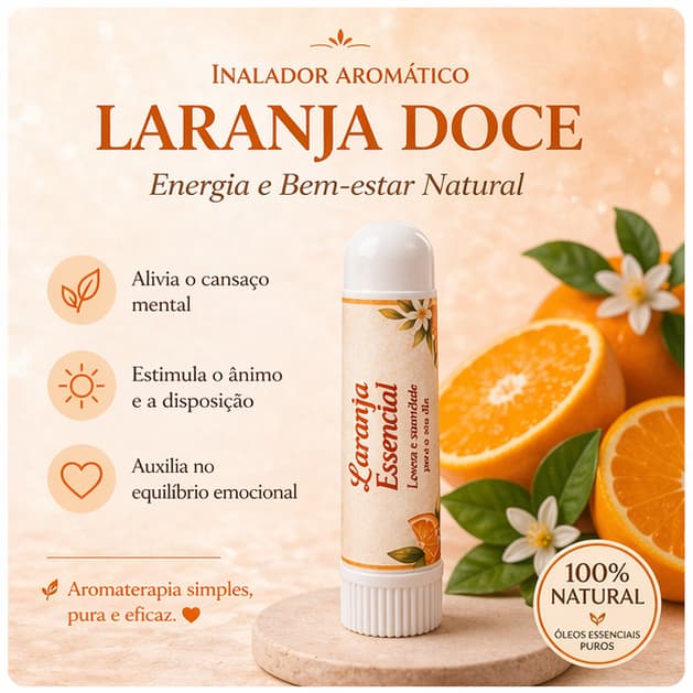 Inalador Nasal com Óleo Essencial de Laranja Doce | Energia, Ânimo e Alívio da Ansiedade – Natural, Vegano