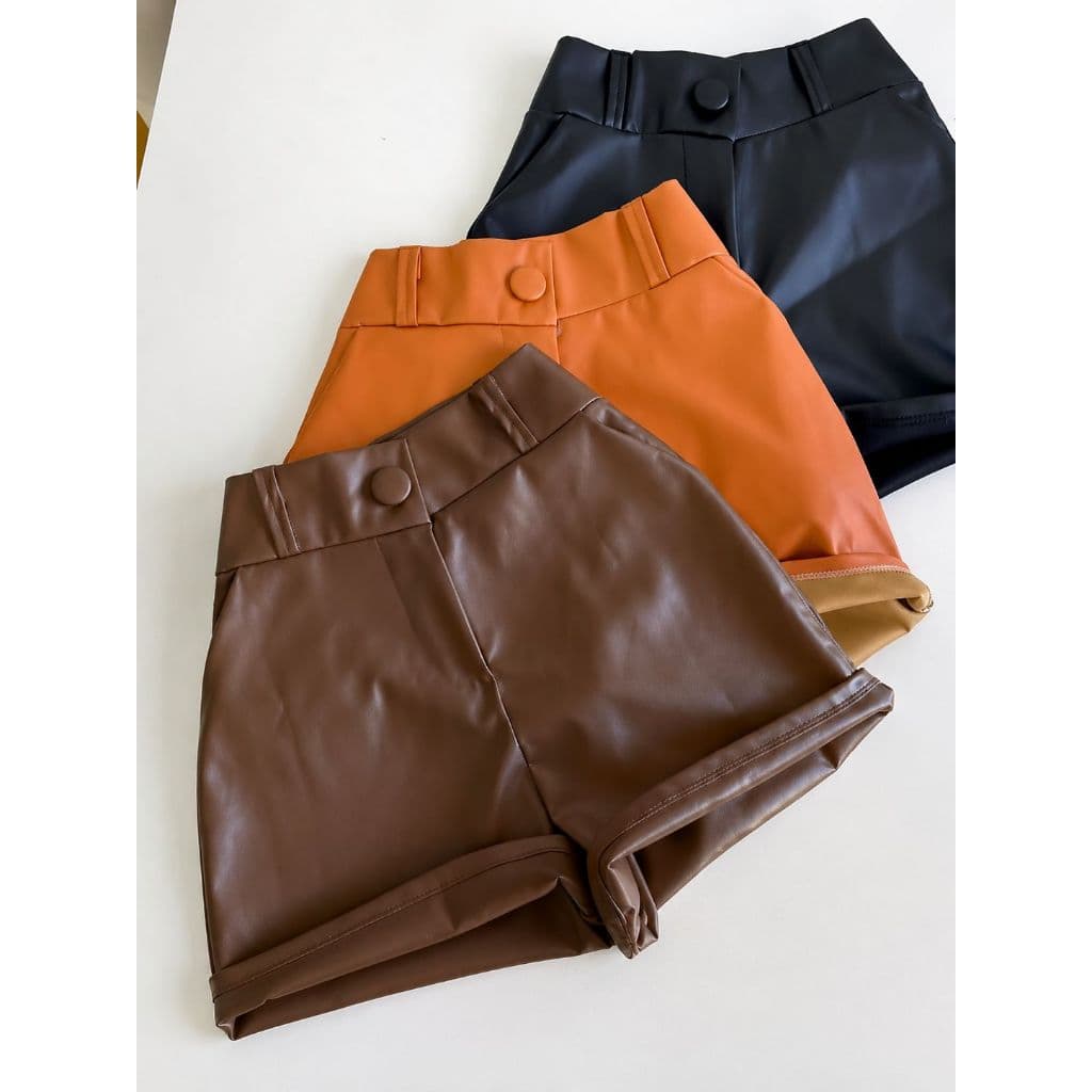 Short Feminino Couro Fake Courino - Tendência Outono Inverno Moda Blogueira