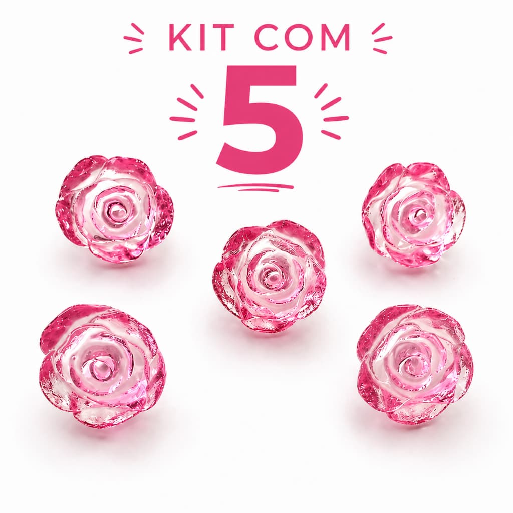 Kit 5 Puxadores  Flor Rosa  para Penteadeira Cômoda  Guarda Roupa  Rosa Cristal em Resina Decorativo