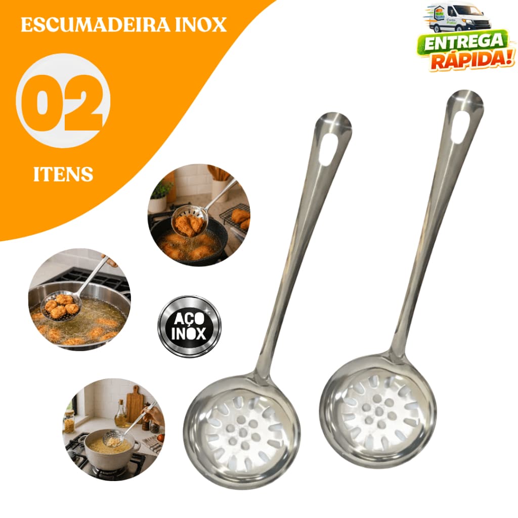 Kit 2 Escumadeiras Inox Profissional Grande Cozinha Resistente Durabilidade Restaurante Buffet