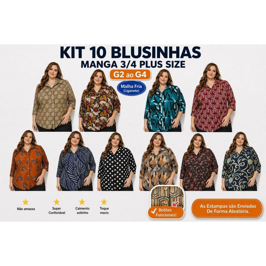 Kit 10 Camisas Feminina Plus Size Manga 3/4 Frete Rápido Não Amassa G2 G3 G4 Atacado