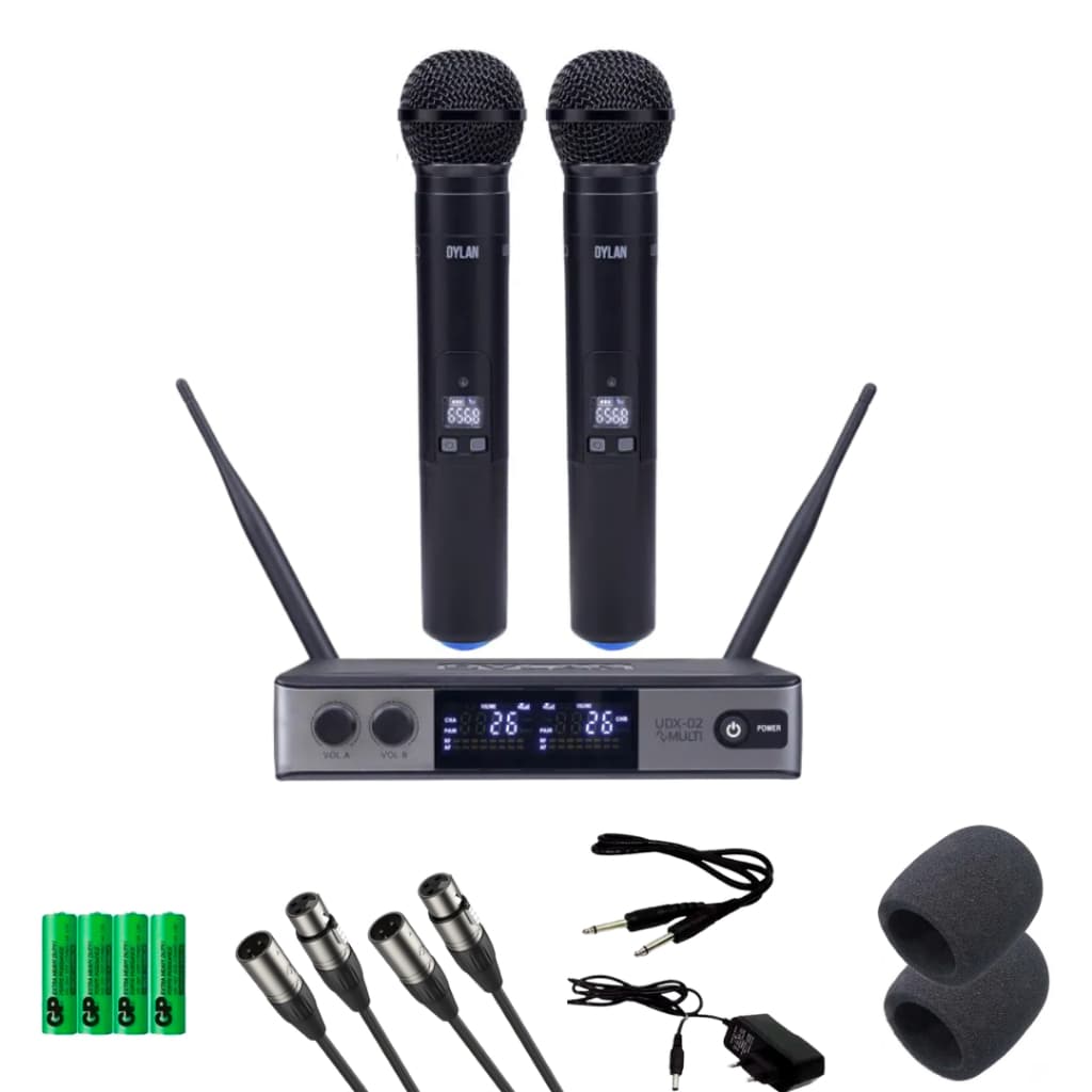 MICROFONE SEM FIOPROFISSIONAL DYLAN UDX02 UHF COM 2 MICROFONES DE MÃO P/ IGREJA, EVENTOS, PALESTRAS