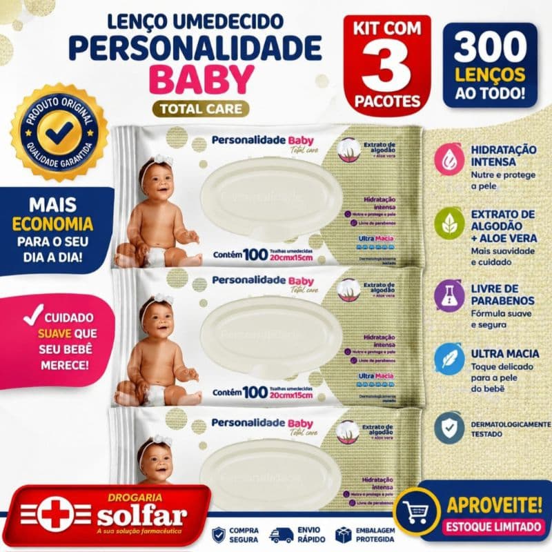 Lenço Umedecido Personalidade C/100 Unidades | Higiene, Praticidade e Qualidade | Drogaria Solfar