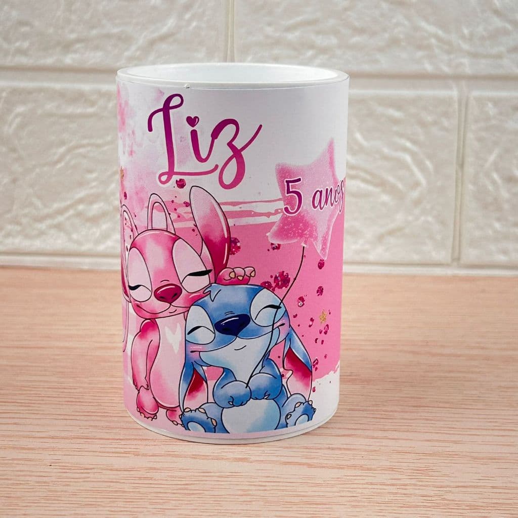 Cofrinho personalizado Stitch e Angel- Lembrancinha Festa infantil aniversário-  todos os temas