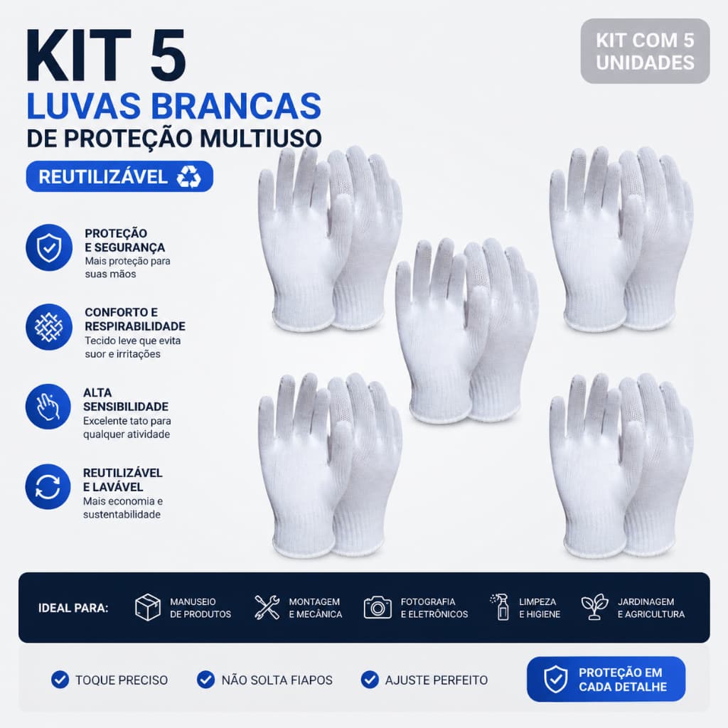 Kit 5 Pares Luvas Brancas de Proteção Multiuso Reutilizável  Fibra Alta Qualidade poliéster algodão