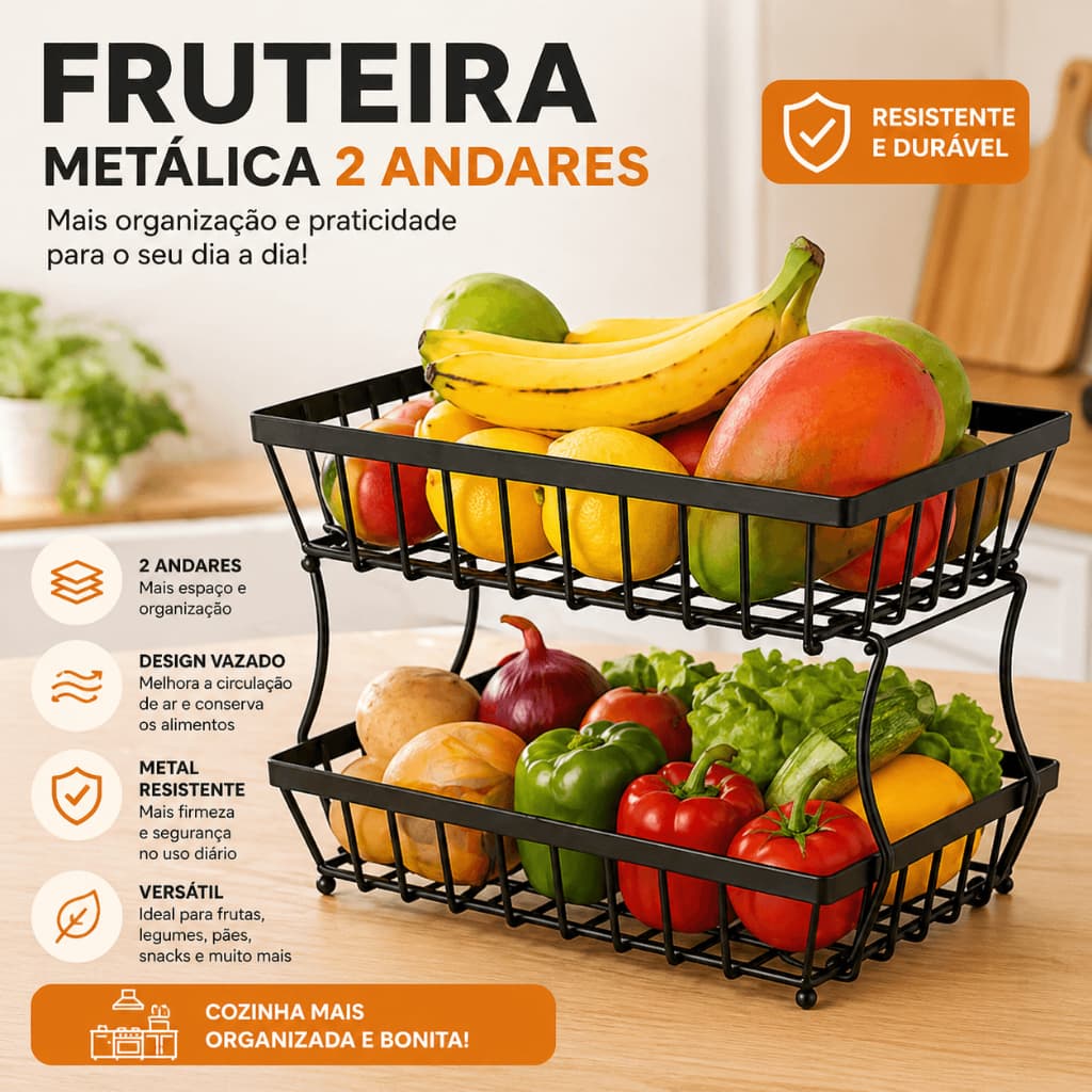 Fruteira Metalica 2 Andares Preta Organizador Resistente Elegante Cozinha