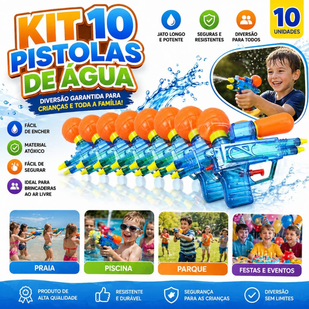 Kit 10 Pistolas de Água Infantil Brinquedo Verão Praia Piscina Lançador Água Festa