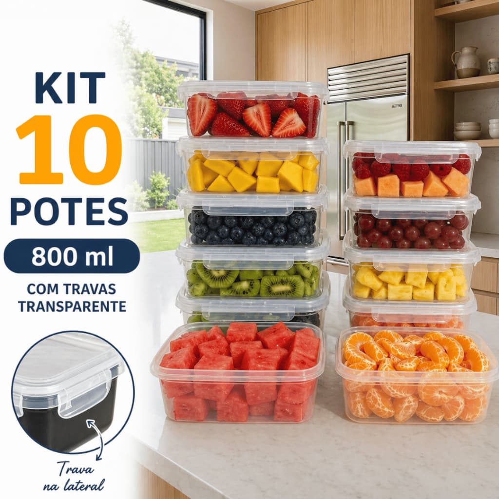 Kit 10 Potes Hermético Retangular 800ml Com Travas Reforçadas Cozinha Organização Geladeira Marmita Livre de BPA