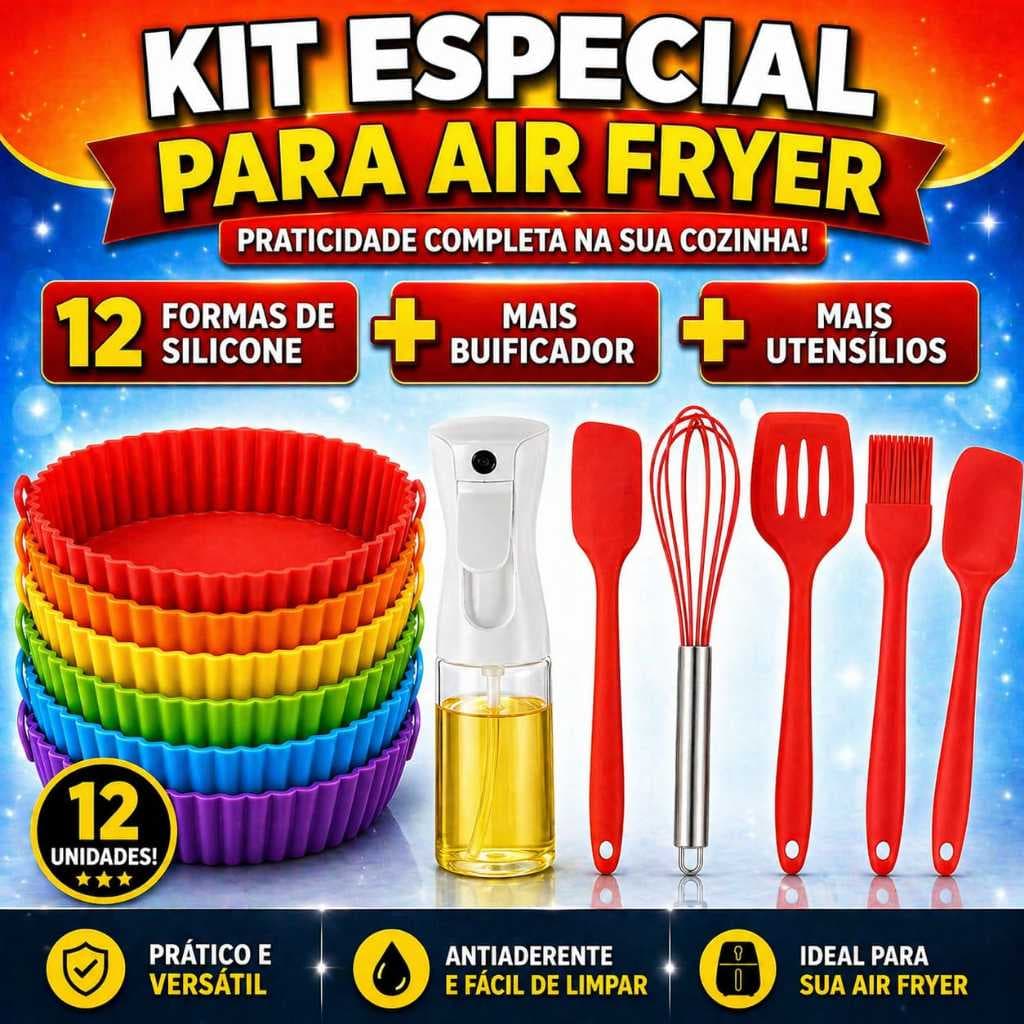 Kit Especial para Air Fryer - 12 Formas Silicone + Borrifador + Utensílios