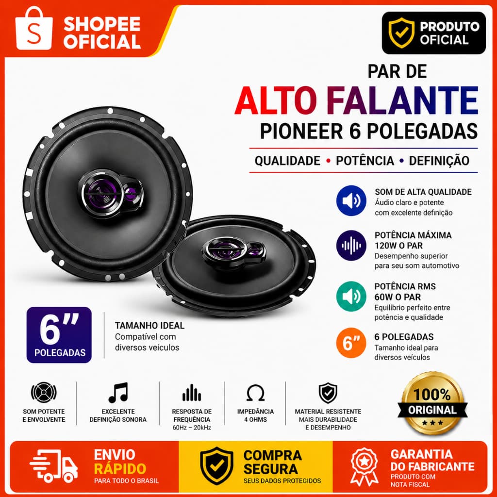 Par Alto Falante Pioneer 6 Polegadas 100w Triaxial Ts-1760BR