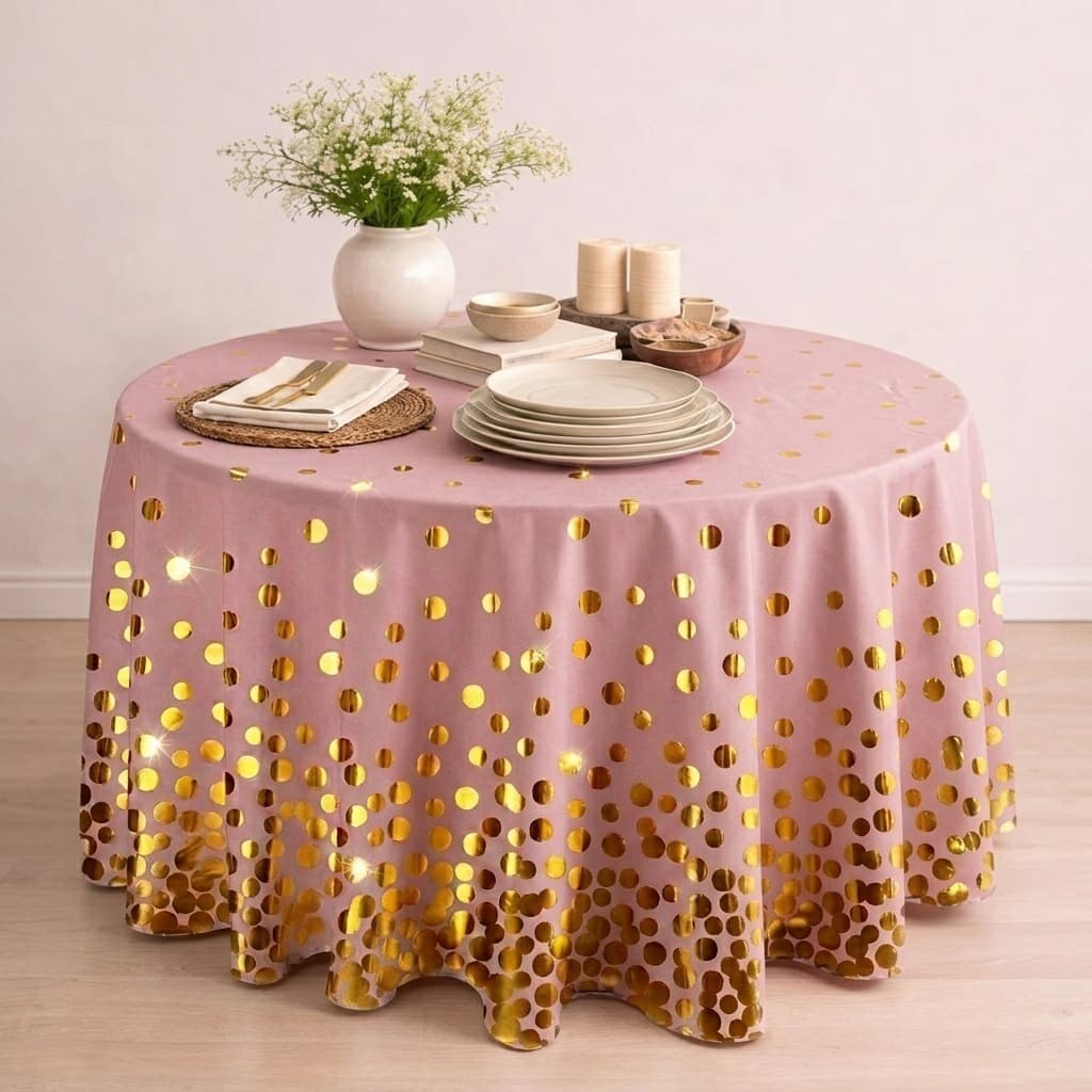 Toalha Mesa Retangular Plástico Rosa Bolinhas Douradas