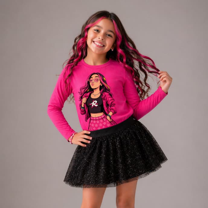 Conjunto Infantil Feminino Emily Vick Rosa 💖 Blusa Manga Longa Pink + Short Saia Glitter | Look Blogueirinha 1 a 10 Anos