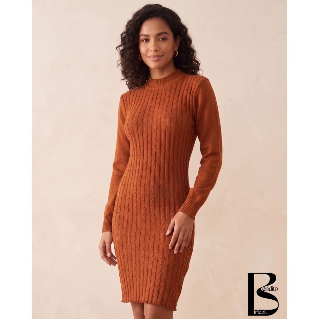 Vestido Feminino Tricot Manga Longa Elegante Gola Redonda Detalhes Trançados Tricô Moda Inverno