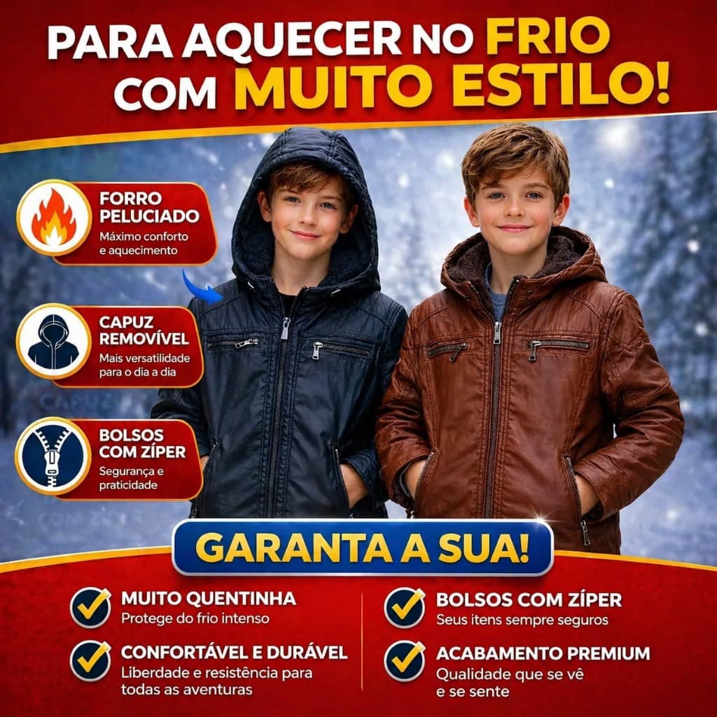 Jaqueta de Couro ou Sarja Infantil Masculina Juvenil Forrada Pelucia Capuz Removivel Blusa de Frio