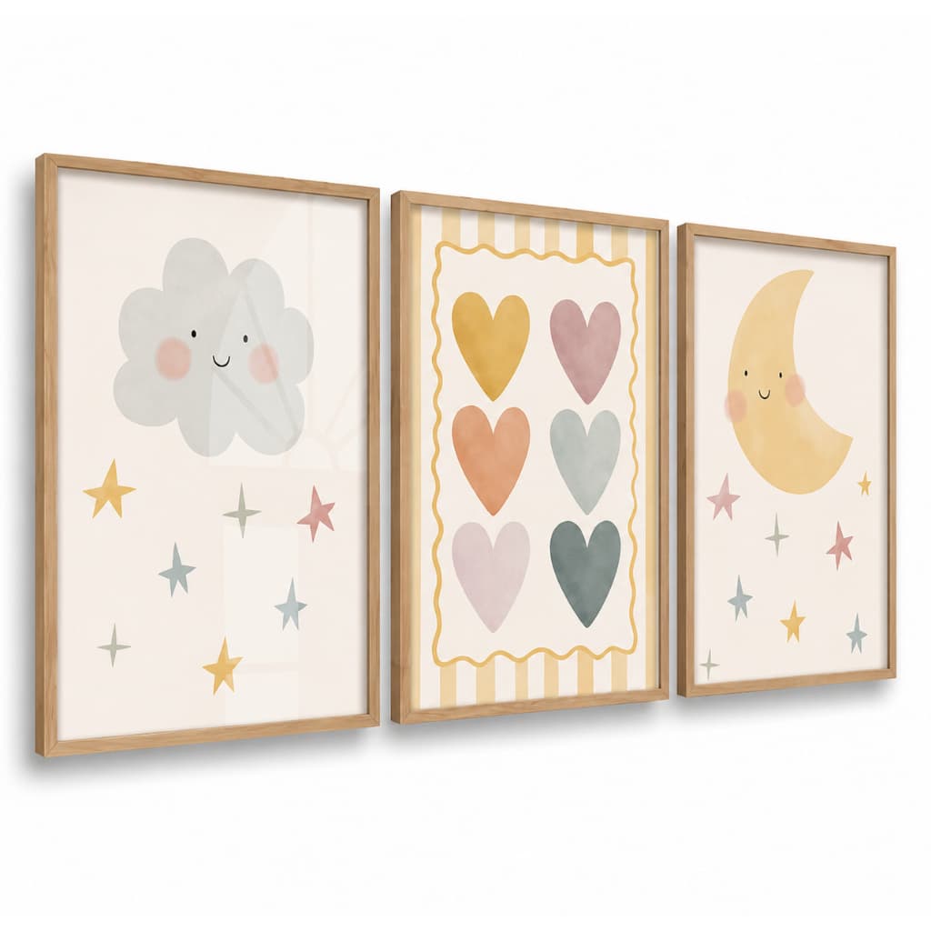 Kit 3 Quadros Decorativos Infantil | Quarto Bebê Menina | Boho Delicado, Lua, Coraçao - No264