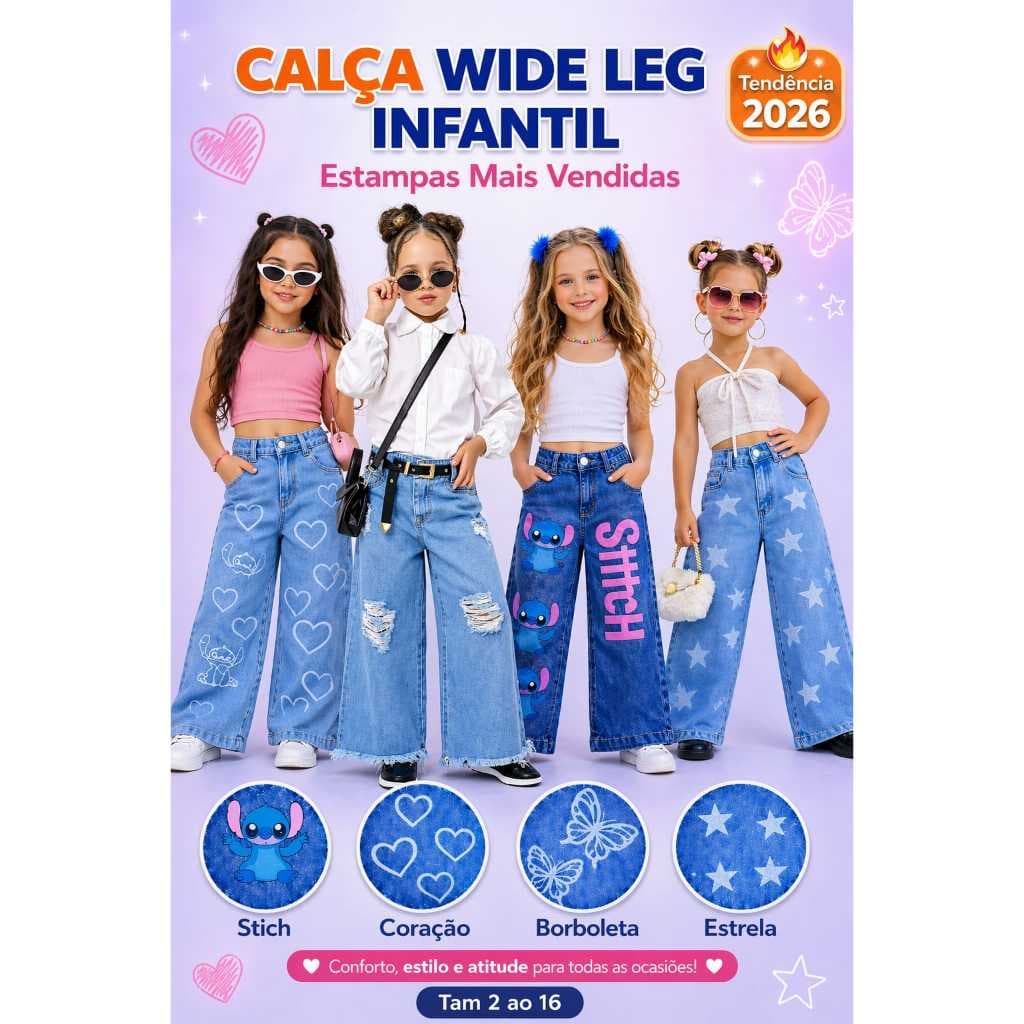 Calça Wide Leg Infantil Jeans Estampada Stitch Coração Borboleta Estrela Blogueirinha ou Lisa Destroyed Tendência 2026