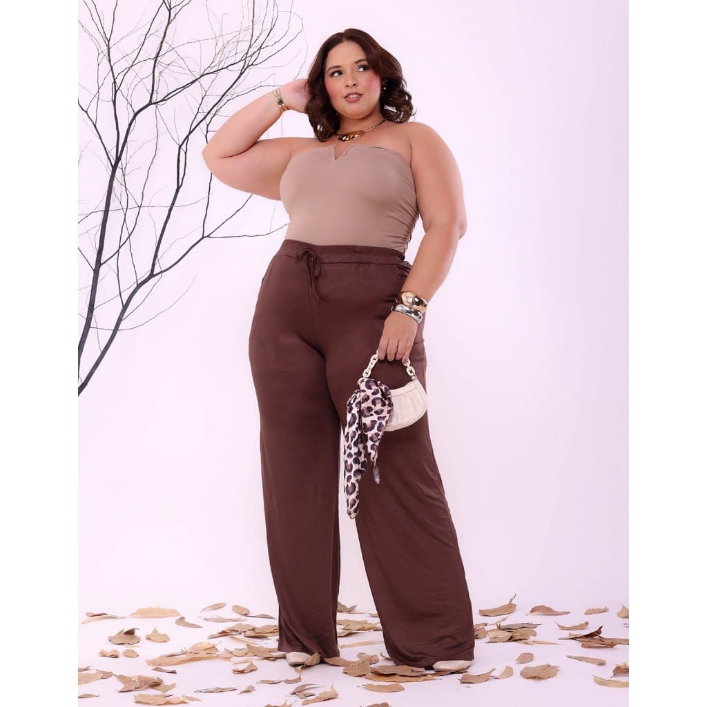 Calça Feminina Plus Size Pantalona Soltinha Com Elástico E Cordão Bolso Inverno