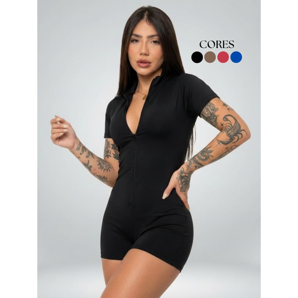 Macaquinho Feminino Moda Gringa Fitness Macacão Gringo Shorts Curto Manga Curta Ziper Blogueira